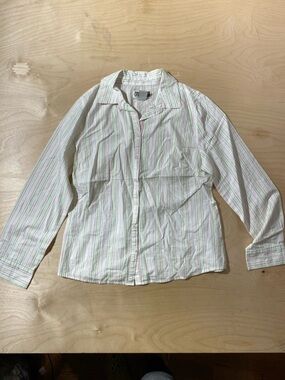 Route 66 Button-Up Striped Shirt in White with Pink & Green Stripes Large (RF)